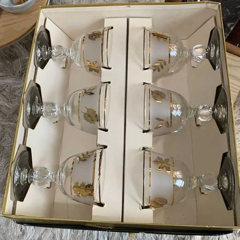 Vintage Golden Foliage‎ Libby 8982 4oz Cocktail Glasses Set Of 6 Made In USA